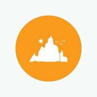 mountain. landscape. hill. nature. sun White Glyph Icon in Circle. Vector Button illustration