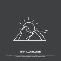 hill. landscape. nature. mountain. sun Icon. Line vector symbol for UI and UX. website or mobile application