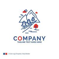 Company Name Logo Design For rocks. tree. hill. mountain. nature. Blue and red Brand Name Design with place for Tagline. Abstract Creative Logo template for Small and Large Business. vector