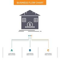 depósito. seguro. ahorros. reembolso. diseño de diagrama de flujo de negocios bancarios con 3 pasos. icono de glifo para el lugar de plantilla de fondo de presentación para texto. vector