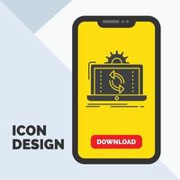 datos. Procesando. análisis. informes sincronizar el icono de glifo en el móvil para la página de descarga. fondo amarillo vector