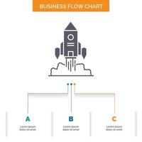 Rocket. spaceship. startup. launch. Game Business Flow Chart Design with 3 Steps. Glyph Icon For Presentation Background Template Place for text. vector