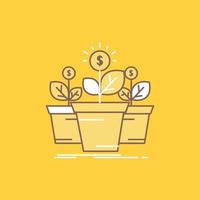 crecimiento. dinero. planta. maceta. icono lleno de línea plana de árbol. hermoso botón de logotipo sobre fondo amarillo para ui y ux. sitio web o aplicación móvil vector