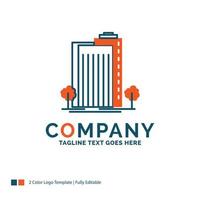 edificio. verde. planta. ciudad. diseño de logotipo inteligente. diseño de marca azul y naranja. lugar para el eslogan. plantilla de logotipo de empresa. vector