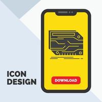 tarjeta. componente. disfraz. electrónico. icono de glifo de memoria en el móvil para la página de descarga. fondo amarillo vector