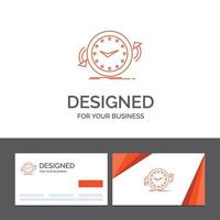 plantilla de logotipo empresarial para copia de seguridad. reloj. agujas del reloj. encimera. tiempo. tarjetas de visita naranjas con plantilla de logotipo de marca vector