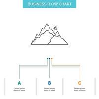 mountain. landscape. hill. nature. tree Business Flow Chart Design with 3 Steps. Line Icon For Presentation Background Template Place for text vector