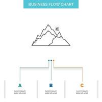 mountain. landscape. hill. nature. tree Business Flow Chart Design with 3 Steps. Line Icon For Presentation Background Template Place for text vector