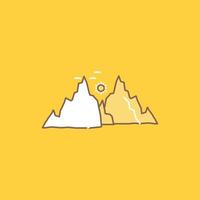 montaña. paisaje. Cerro. naturaleza. icono lleno de línea plana de sol. hermoso botón de logotipo sobre fondo amarillo para ui y ux. sitio web o aplicación móvil vector