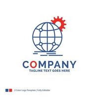 Company Name Logo Design For international. business. globe. world wide. gear. Blue and red Brand Name Design with place for Tagline. Abstract Creative Logo template for Small and Large Business. vector