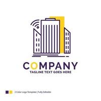 diseño de logotipo de nombre de empresa para edificios. ciudad. sensor. inteligente. urbano. diseño de marca púrpura y amarillo con lugar para eslogan. plantilla de logotipo creativo para pequeñas y grandes empresas. vector