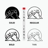 hill. landscape. nature. mountain. sun Icon in Thin. Regular. Bold Line and Glyph Style. Vector illustration