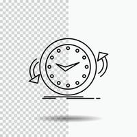 respaldo. reloj. agujas del reloj. encimera. icono de línea de tiempo sobre fondo transparente. ilustración de vector de icono negro