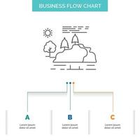 hill. landscape. nature. mountain. rain Business Flow Chart Design with 3 Steps. Line Icon For Presentation Background Template Place for text vector