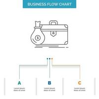 briefcase. business. case. open. portfolio Business Flow Chart Design with 3 Steps. Line Icon For Presentation Background Template Place for text vector