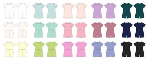 Set of cotton oversized raglan jumpsuit technical sketch. Women's romper design template multicolored collection. vector