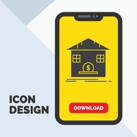 Deposit. safe. savings. Refund. bank Glyph Icon in Mobile for Download Page. Yellow Background vector