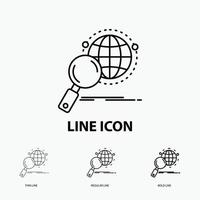 global. globe. magnifier. research. world Icon in Thin. Regular and Bold Line Style. Vector illustration