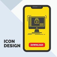 seguro. proteccion. seguro. sistema. icono de glifo de datos en el móvil para la página de descarga. fondo amarillo vector