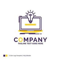 diseño de logotipo de nombre de empresa para computadora portátil. solución. ocurrencia. bulbo. solución. diseño de marca púrpura y amarillo con lugar para eslogan. plantilla de logotipo creativo para pequeñas y grandes empresas. vector