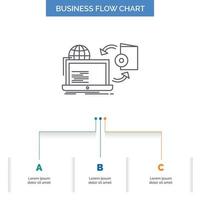 Disc. online. game. publish. publishing Business Flow Chart Design with 3 Steps. Line Icon For Presentation Background Template Place for text vector