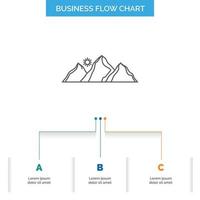 Cerro. paisaje. naturaleza. montaña. diseño de diagrama de flujo de negocios de sol con 3 pasos. icono de línea para el lugar de plantilla de fondo de presentación para texto vector