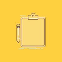 Contract. check. Business. done. clip board Flat Line Filled Icon. Beautiful Logo button over yellow background for UI and UX. website or mobile application vector