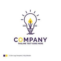 diseño de logotipo de nombre de empresa para bombilla. ocurrencia. electricidad. energía. luz. diseño de marca púrpura y amarillo con lugar para eslogan. plantilla de logotipo creativo para pequeñas y grandes empresas. vector