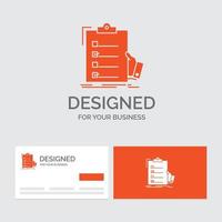 Business logo template for checklist. check. expertise. list. clipboard. Orange Visiting Cards with Brand logo template. vector