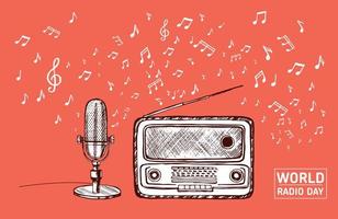 World Radio Day. Retro microphone sketch. Hand drawn illustration. Vector. vector