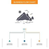 naturaleza. Cerro. paisaje. montaña. diseño de diagrama de flujo de negocios de sol con 3 pasos. icono de glifo para el lugar de plantilla de fondo de presentación para texto. vector