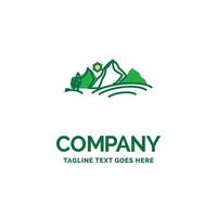 hill. landscape. nature. mountain. sun Flat Business Logo template. Creative Green Brand Name Design. vector