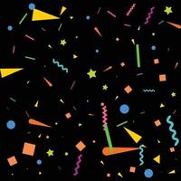 Vector abstract Black Background with many falling tiny colorful confetti pieces and ribbon. Carnival. Christmas or New Year decoration colorful party pennants for birthday. festival