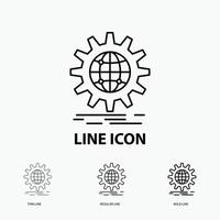 international. business. globe. world wide. gear Icon in Thin. Regular and Bold Line Style. Vector illustration