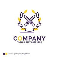 diseño del logotipo del nombre de la empresa para la batalla. emblema. juego. etiqueta. espadas diseño de marca púrpura y amarillo con lugar para eslogan. plantilla de logotipo creativo para pequeñas y grandes empresas. vector