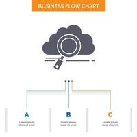 nube. búsqueda. almacenamiento. tecnología. diseño de diagrama de flujo empresarial informático con 3 pasos. icono de glifo para el lugar de plantilla de fondo de presentación para texto. vector