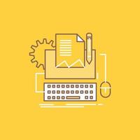 Type Writer. paper. computer. paper. keyboard Flat Line Filled Icon. Beautiful Logo button over yellow background for UI and UX. website or mobile application vector