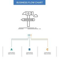 construir. diseño. desarrollar. herramienta. herramientas de diseño de diagramas de flujo de negocios con 3 pasos. icono de línea para el lugar de plantilla de fondo de presentación para texto vector