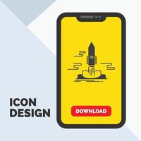 launch. Publish. App. shuttle. space Glyph Icon in Mobile for Download Page. Yellow Background vector