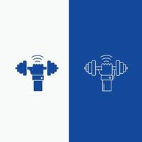 Dumbbell. gain. lifting. power. sport Line and Glyph web Button in Blue color Vertical Banner for UI and UX. website or mobile application vector