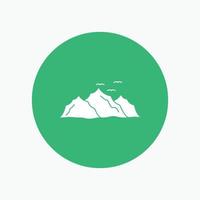 mountain. landscape. hill. nature. birds White Glyph Icon in Circle. Vector Button illustration