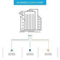 edificios ciudad. sensor. inteligente. diseño de diagrama de flujo de negocios urbanos con 3 pasos. icono de línea para el lugar de plantilla de fondo de presentación para texto vector