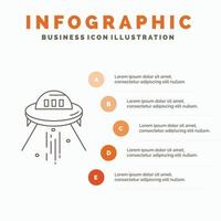 astronave. espacio. Embarcacion. cohete. plantilla de infografía alienígena para sitio web y presentación. icono de línea gris con ilustración de vector de estilo infográfico naranja