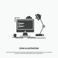 lugar de trabajo. puesto de trabajo. oficina. lámpara. icono de la computadora símbolo gris vectorial de glifo para ui y ux. sitio web o aplicación móvil vector