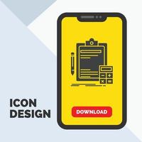 contabilidad. bancario. calculadora. Finanzas. icono de glifo de auditoría en el móvil para la página de descarga. fondo amarillo vector