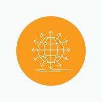 globe. network. arrow. news. worldwide White Line Icon in Circle background. vector icon illustration