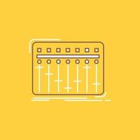 Console. dj. mixer. music. studio Flat Line Filled Icon. Beautiful Logo button over yellow background for UI and UX. website or mobile application vector