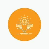 Development. idea. bulb. pencil. scale White Line Icon in Circle background. vector icon illustration