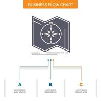 dirección. explorar. mapa. navegar. diseño de diagrama de flujo empresarial de navegación con 3 pasos. icono de glifo para el lugar de plantilla de fondo de presentación para texto. vector