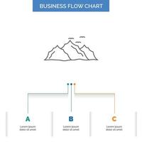 montaña. paisaje. Cerro. naturaleza. diseño de diagrama de flujo de negocios de aves con 3 pasos. icono de línea para el lugar de plantilla de fondo de presentación para texto vector